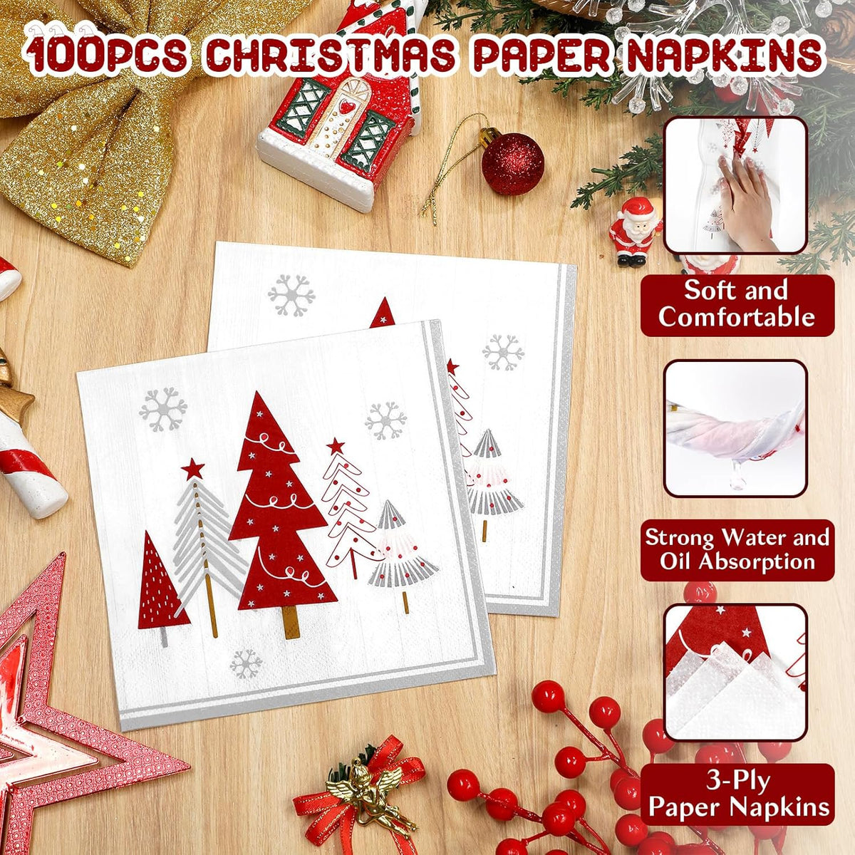 Waipfaru 200 PCS Christmas Paper Plates and Napkins Christmas Tree Party Supplies White Disposable Dinnerware Set for Xmas