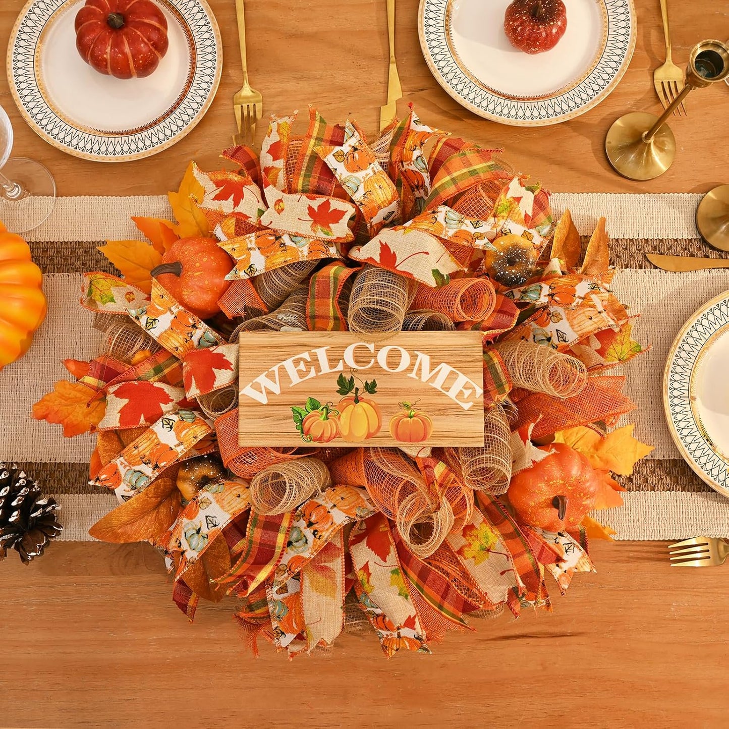 Waipfaru Fall Wreath for Front Door,20inch Autumn Mesh Wreath with Pumpkins, Ribbons,Welcome Sign,Rustic Farmhouse Decor for Thanksgiving Harvest