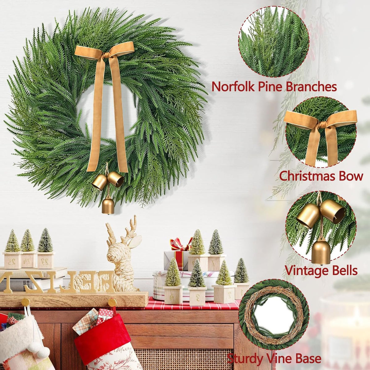 Waipfaru Christmas Wreath for Front Door,26 inch Pre-lit Artificial Holiday Wreath with Bow & Bells, Battery Operated, Front Door Christmas Decorations Indoor Outdoor