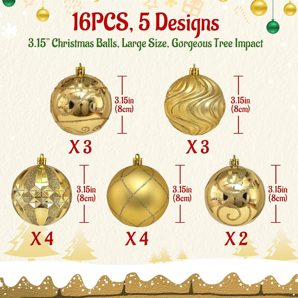 Waipfaru 16Pcs Christmas Ball Ornaments,3.15" Shatterproof Hanging Xmas Ornaments Set for Christmas Holiday Party Decoration