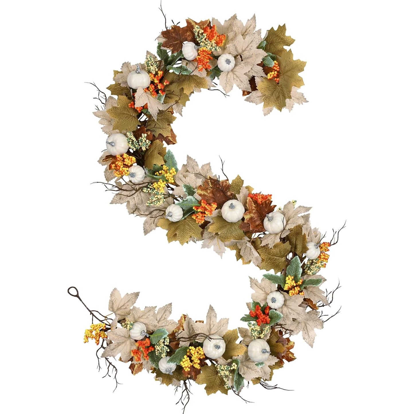 Waipfaru Lighted Fall Garland with Maple Leaves White Pumpkins Berry,6FT Artificial Autumn Fall Decor for Thanksgiving