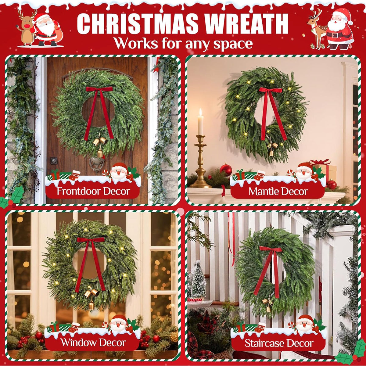 Waipfaru Christmas Wreath with Lights,24 inch Pre-lit Artificial Holiday Wreath with Bow & Bells, Battery Operated, Front Door Christmas Decorations Indoor Outdoor