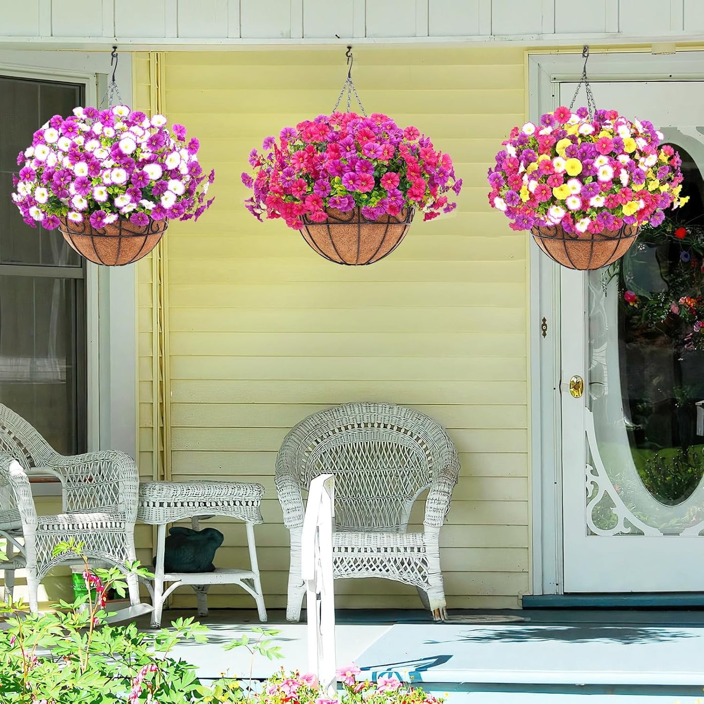 Waipfaru Artificial Hanging Flowers in Basket,2 Pcs Fake Hanging Plants for Outdoors Spring Summer Decoration,UV Resistant Petunias Flower for Garden Porch Patio Balcony Decor