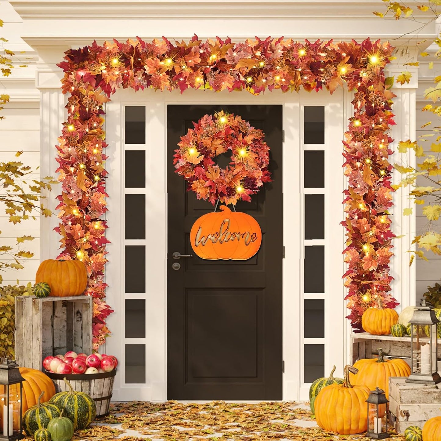 Waipfaru 2 Pack Fall Leaves Garland with Lights - 5.7 ft/Piece Lighted Autumn Leaf Vines Decoration, Artificial Fall Garland for Outdoor Mantle Thanksgiving Decor