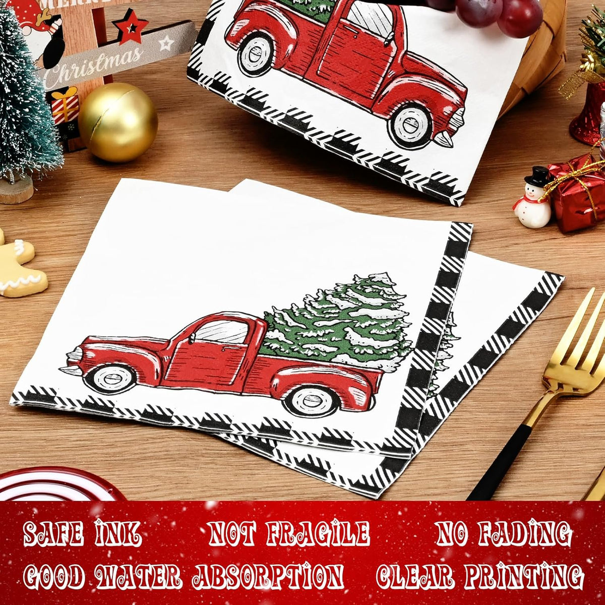 Waipfaru 200Pcs Christmas Paper Plates and Napkins Disposable,Rustic Truck Printed Round Disposable Plates for Christmas Holiday Dinner Birthday Party Supplies