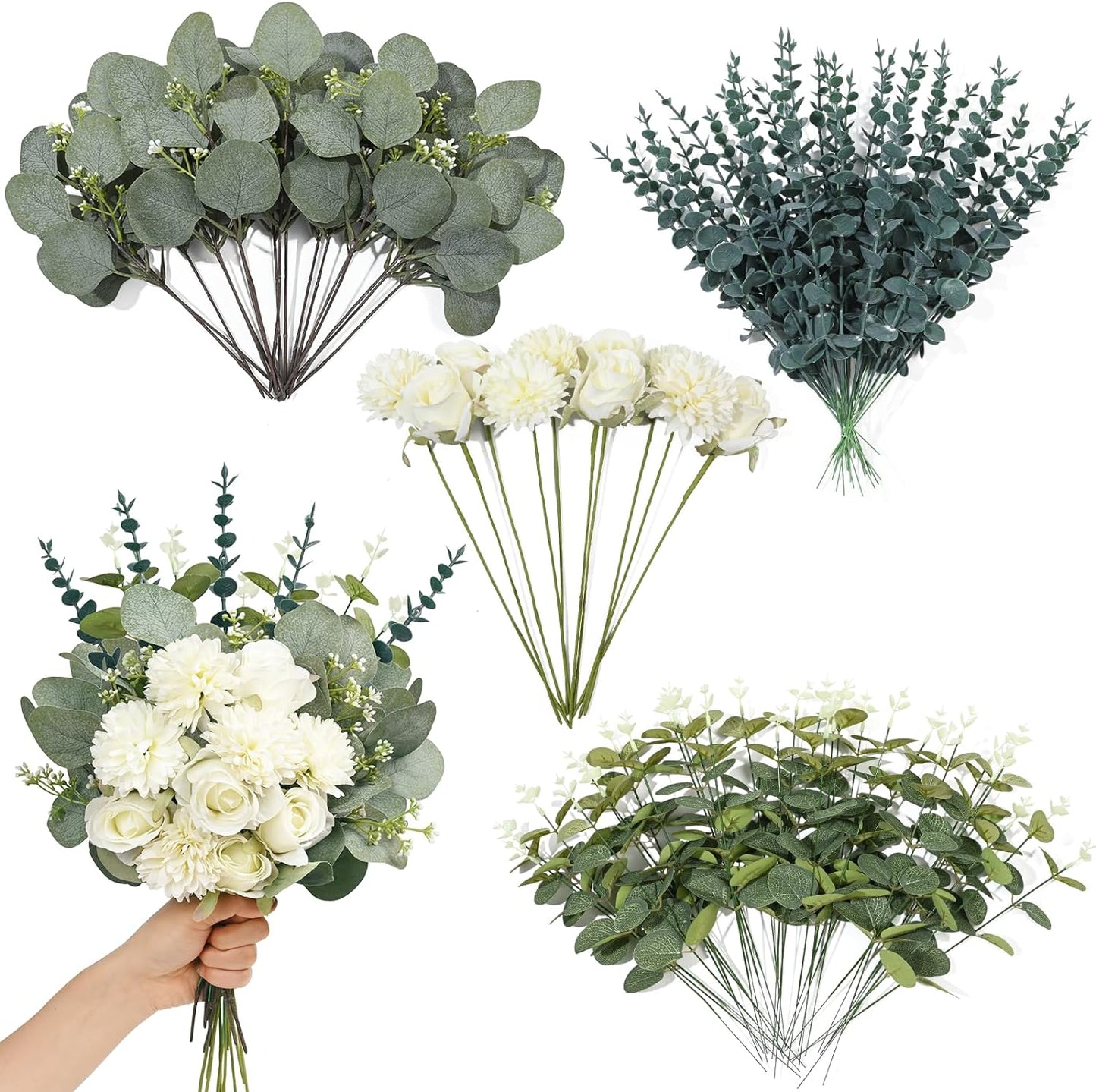 60 Pcs 5 Kinds Artificial Eucalyptus Stems and Faux Flowers, Mixed Fake Eucalyptus Stems Leaves Bulk, Silver Dollar Eucalyptus Greenery Stems for Wedding Decor Vase Floral Arrangement Centerpiece