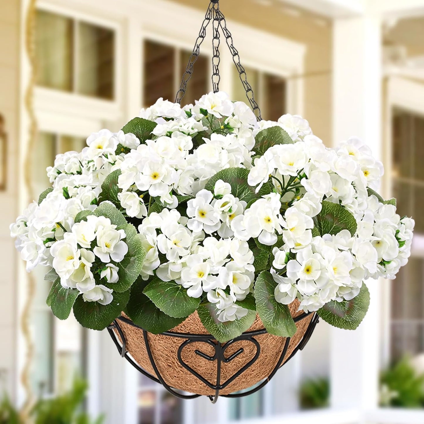 Waipfaru 2 Pack Artificial Geraniums Hanging Basket,UV Resistant Faux Silk Flowers for Outdoors,Realistic Fake Hanging Plants for Home Garden Decor