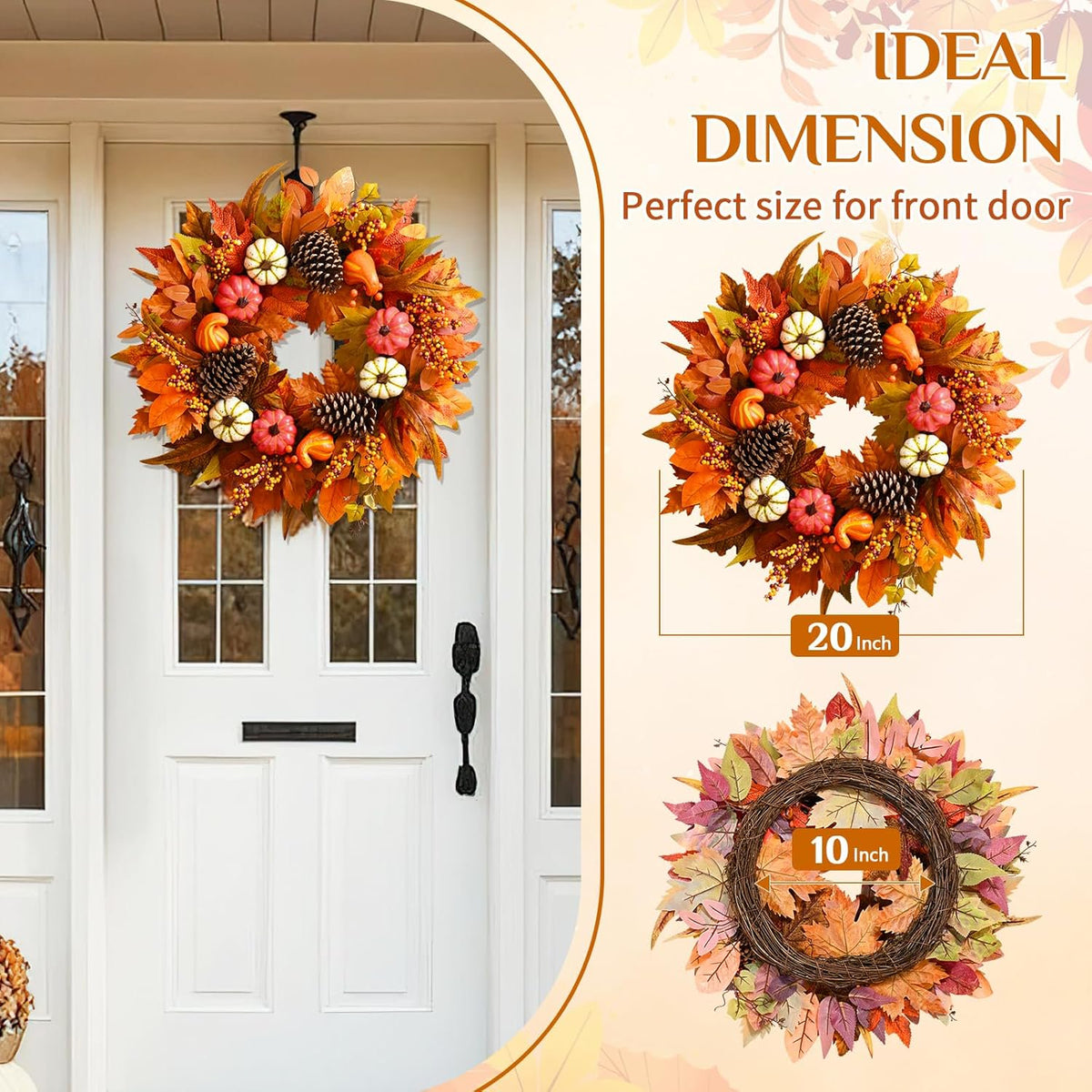Waipfaru 20inch Fall Wreath for Front Door, Autumn Maple Leaves Wreaths for Home Porch Decor, Table Centerpiece Thanksgiving Halloween Harvest Festival Decor