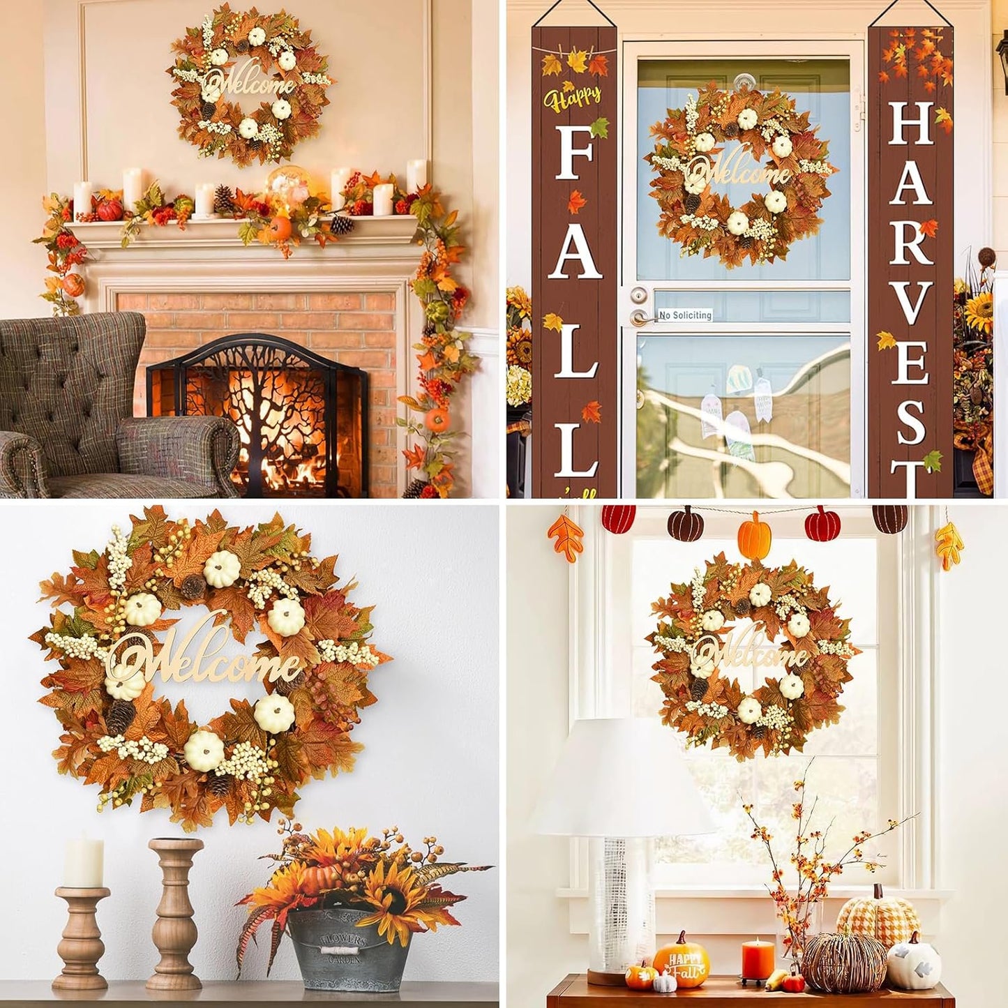Waipfaru 20inch Fall Wreaths for Front Door,Artificial Autumn Wreath with Lights for Thanksgiving Harvest Halloween Porch Home Decor
