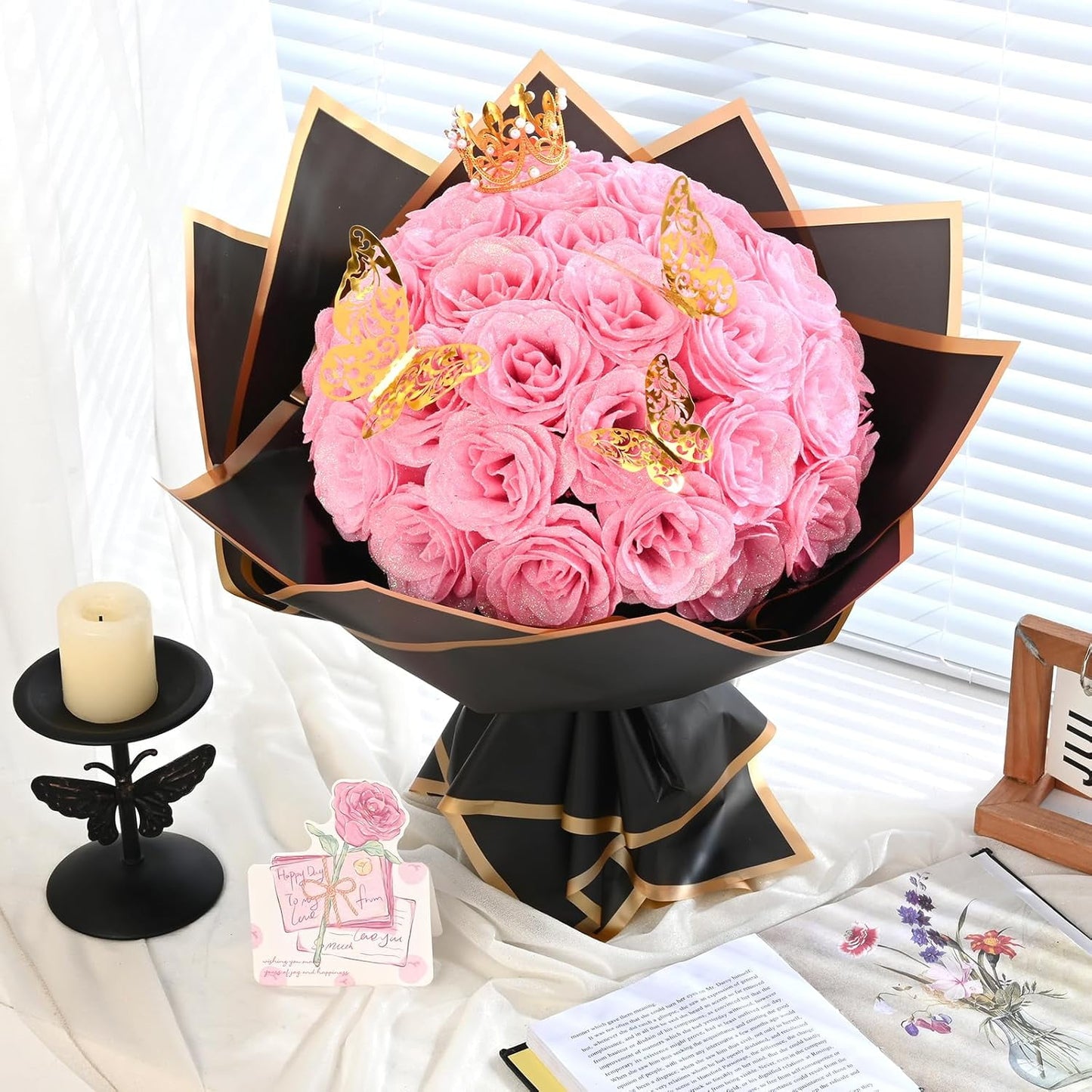 Waipfaru Glitter Roses Bouquet Pink,24pcs Artificial Rose Flower,DIY Glitter Everlasting Rose Bouquet with Stem for Valentine's Day Gifts,Engagement,Anniversary,Wedding