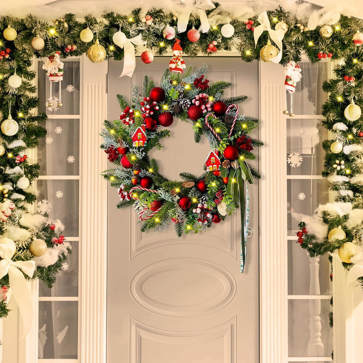 Waipfaru Artificial Christmas Wreaths with lights,20inch Christmas Door Wreath with Xmas Balls Berries Pinecones for Wall Fireplace Shop Window Decoration
