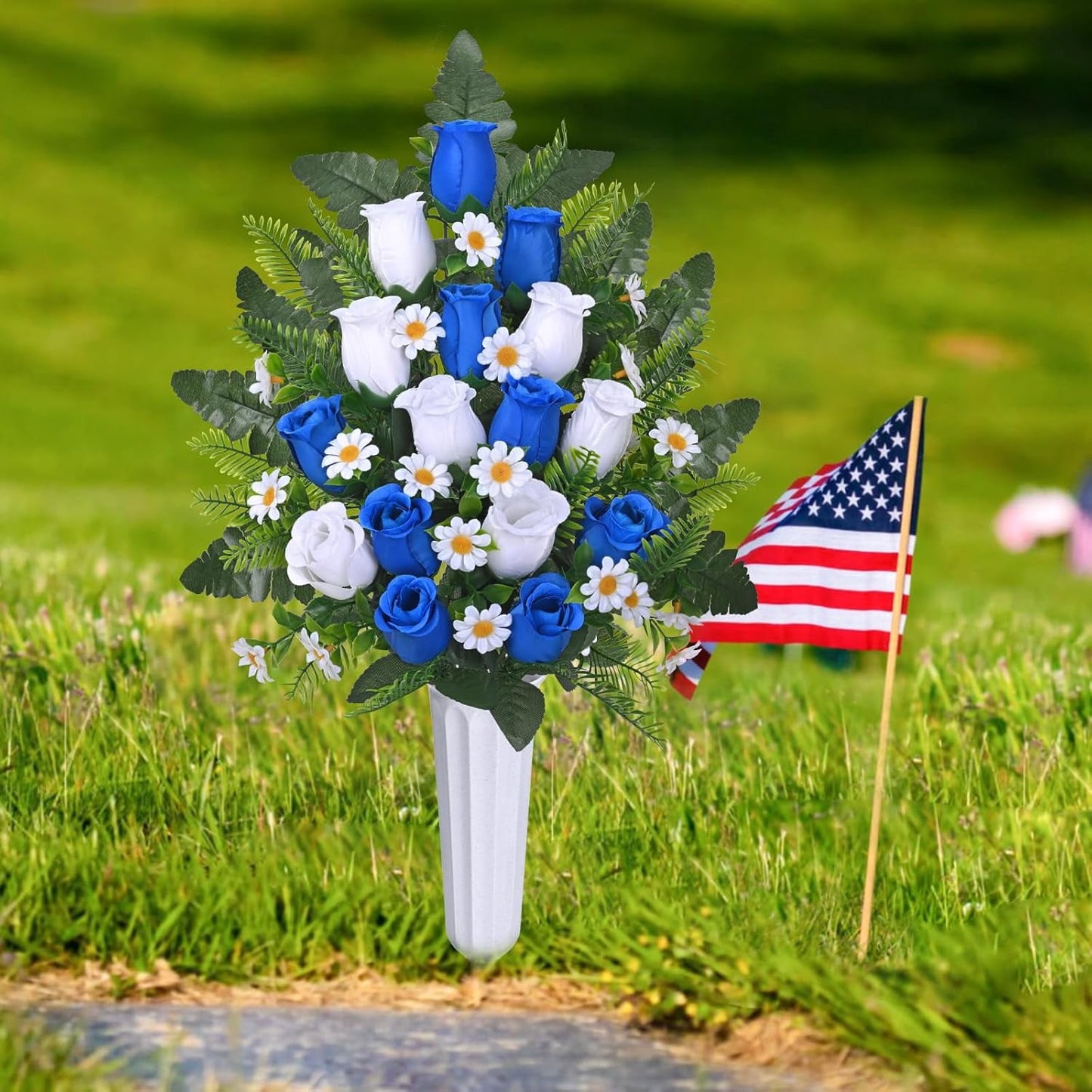 Waipfaru Artificial Cemetery Flowers with Vase,2 Pack Artificial Rose Lily Grave Bouquet,Silk Memorial Flowers for Cemetery Headstones Decoration