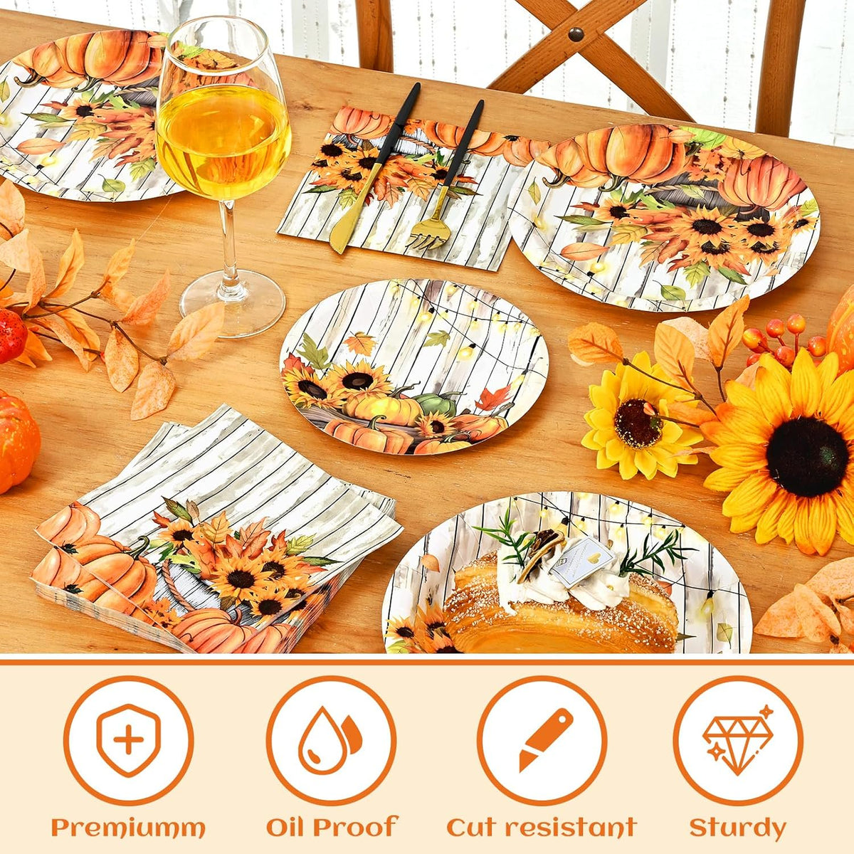 Waipfaru 200 Pcs Fall Paper Plates and Napkins Thanksgiving Party Supplies White Pumpkin Disposable Dinnerware Server 50