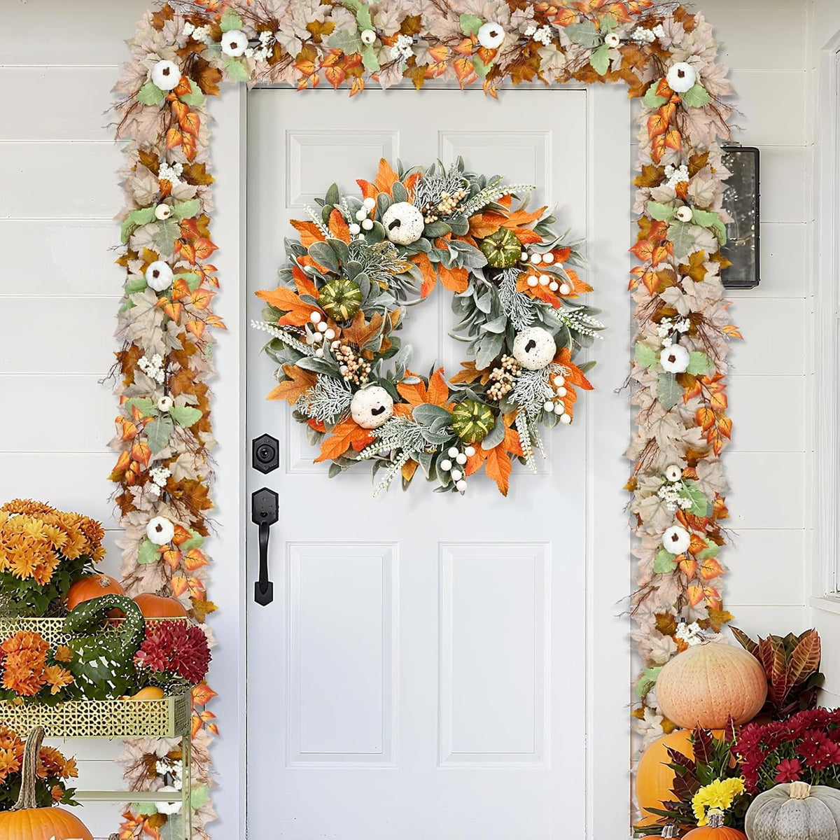Waipfaru Fall Wreath for Front Door, 22inch Autumn Maple Leaves Wreaths with Lights, Table Centerpiece Thanksgiving Halloween Harvest Festival Decor