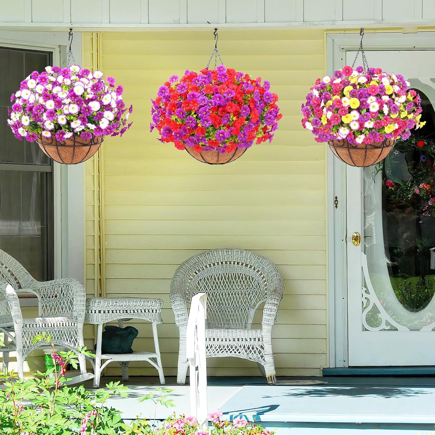 Waipfaru Artificial Hanging Flowers in Basket,2 Pcs Fake Hanging Plants for Outdoors Spring Summer Decoration,UV Resistant Petunias Flower for Garden Porch Patio Balcony Decor