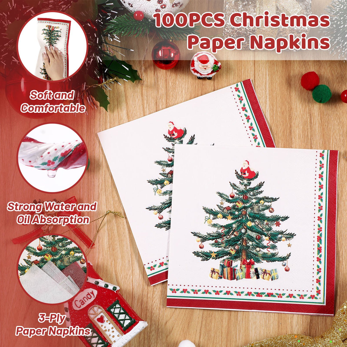 Waipfaru 200 PCS Christmas Tree Paper Plates and Napkins Christmas Party Supplies Disposable Dinnerware Set for Xmas Party