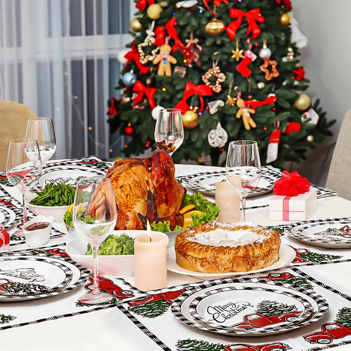 Waipfaru 200Pcs Christmas Paper Plates and Napkins Disposable,Rustic Truck Printed Round Disposable Plates for Christmas Holiday Dinner Birthday Party Supplies
