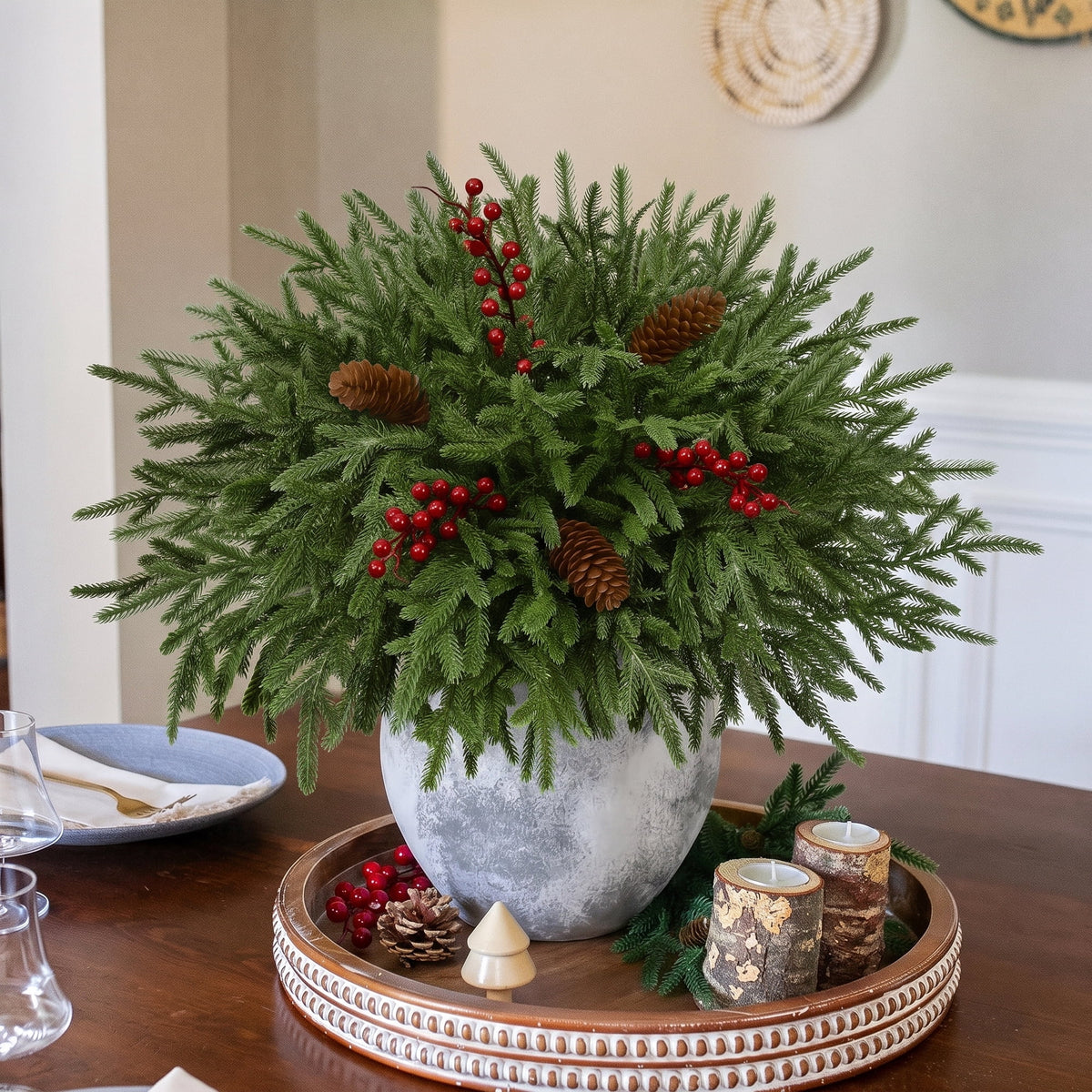 Waipfaru Artificial Christmas Norfolk Pine Branches with Lights,24 Pcs Fake Evergreen Real Touch Greenery Stem for Xmas Holiday Winter Table Indoor Decor