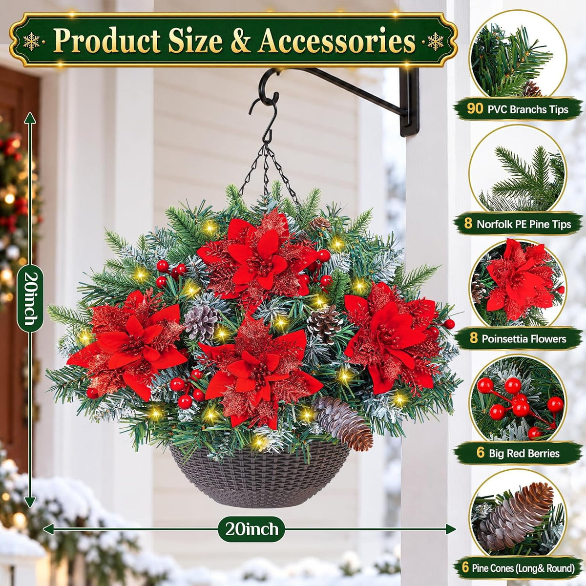 Waipfaru Set of 2 Artificial Christmas Hanging Basket with lights, Fake Silk Flowers for Outdoor Indoor Front Porch, Garden, Patio, Home Xmas Decor