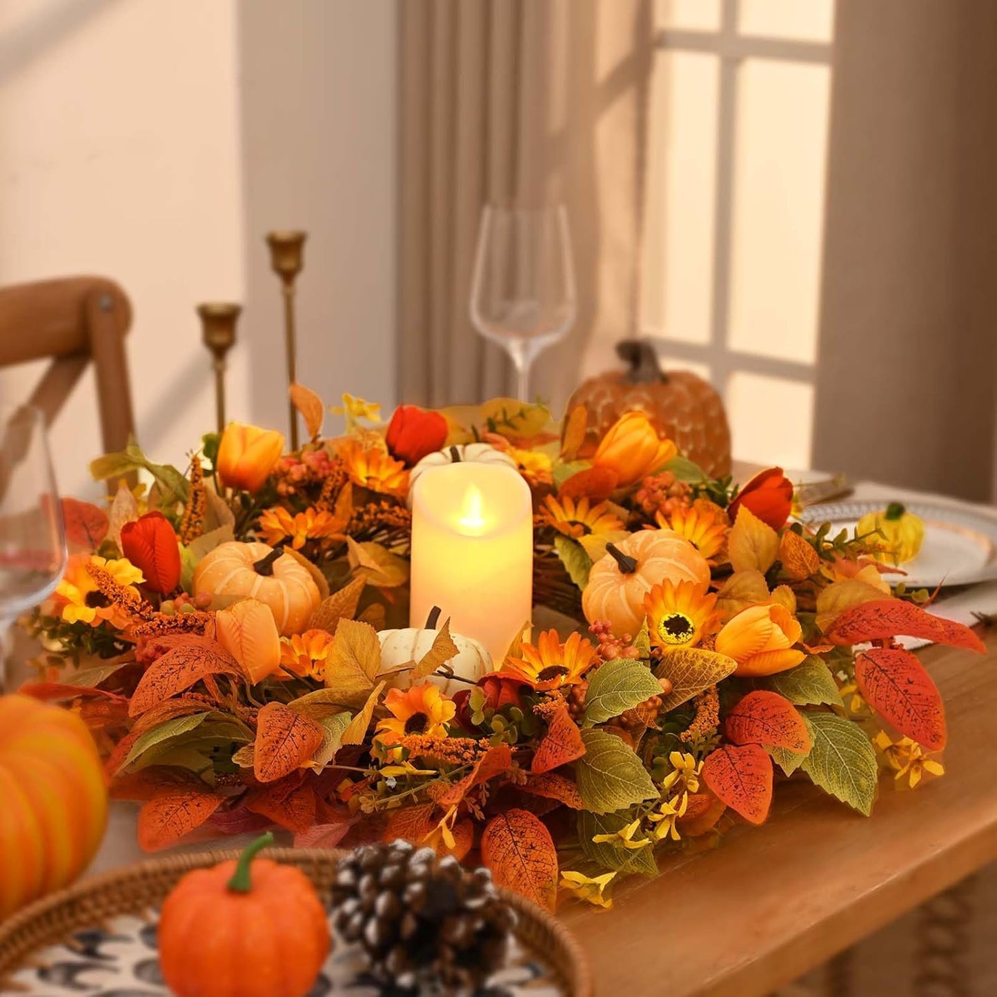 Waipfaru Fall Wreath for Front Door,Large 22inch Autumn Pumpkin Wreath with White Pumpkins, Berries & Flowers,Farmhouse Harvest Decor for Thanksgiving