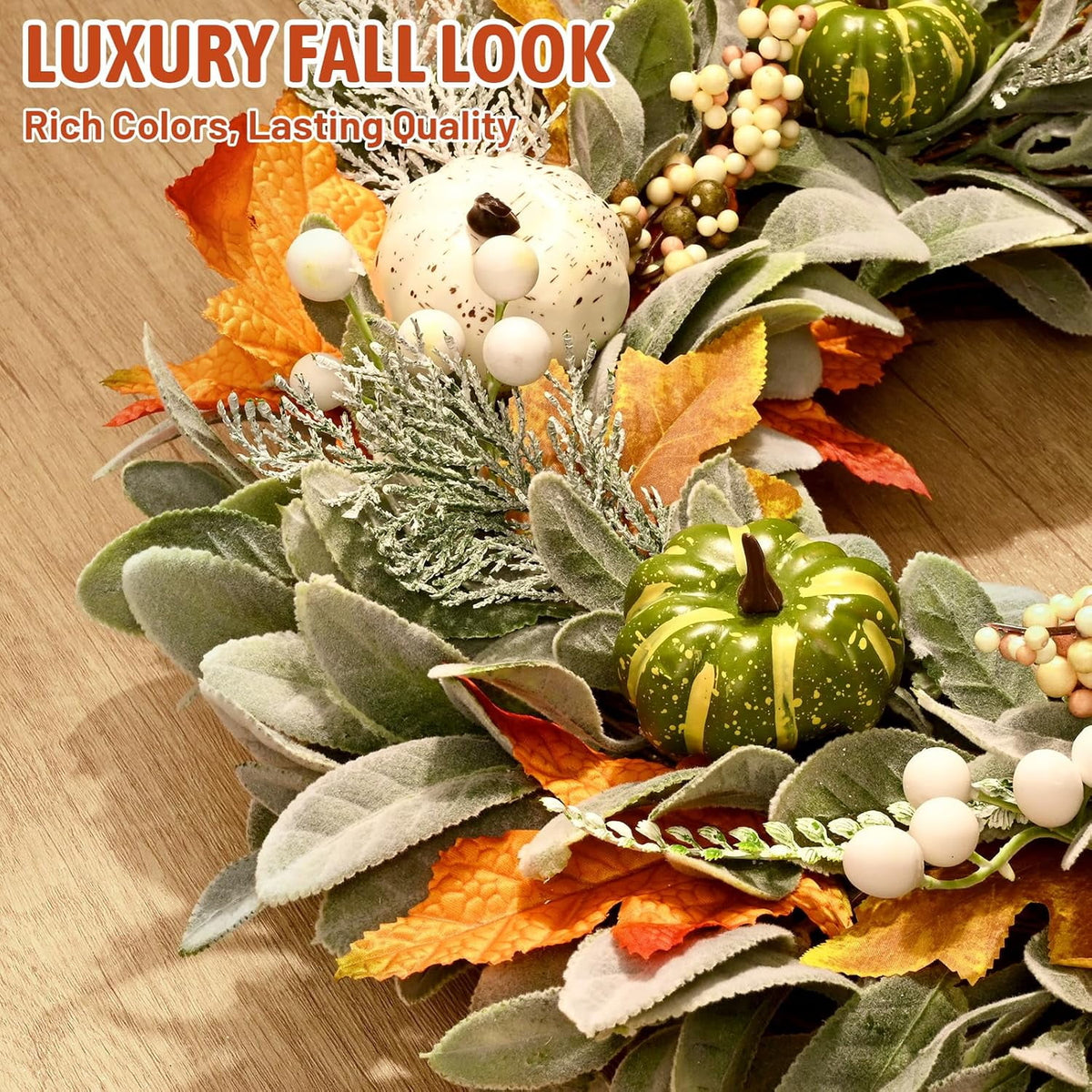 Waipfaru Fall Wreath for Front Door, 22inch Autumn Maple Leaves Wreaths with Lights, Table Centerpiece Thanksgiving Halloween Harvest Festival Decor