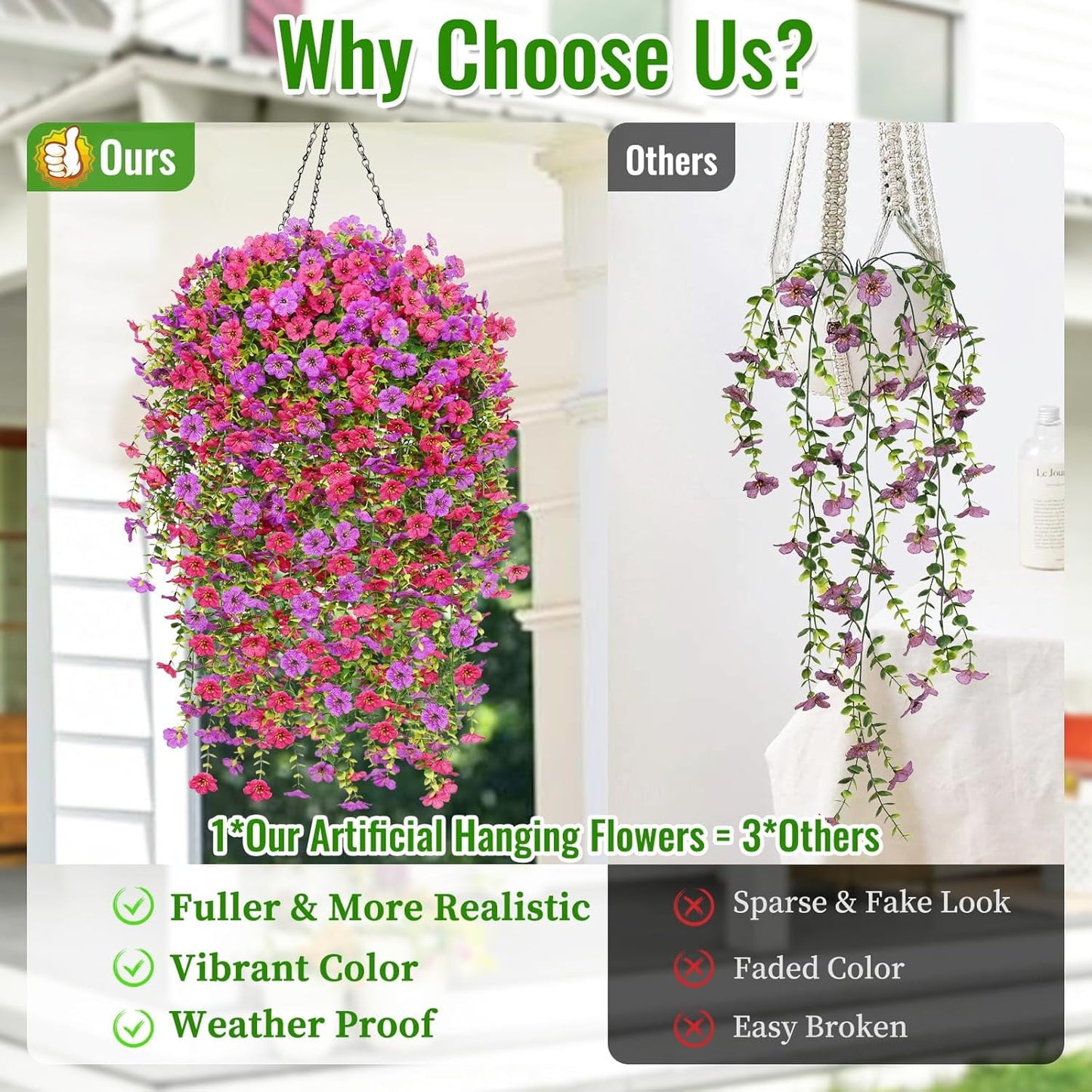 Waipfaru Artificial Hanging Flowers for Outdoors Spring Summer Decoration,2 Pcs UV Resistant Faux Silk Violet Fake Flowers for Garden Porch Window Home Decor(Purple&Rose Red)