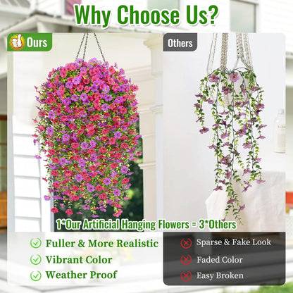 Waipfaru Artificial Hanging Flowers for Outdoors Spring Summer Decoration,2 Pcs UV Resistant Faux Silk Violet Fake Flowers for Garden Porch Window Home Decor(Purple&Rose Red)