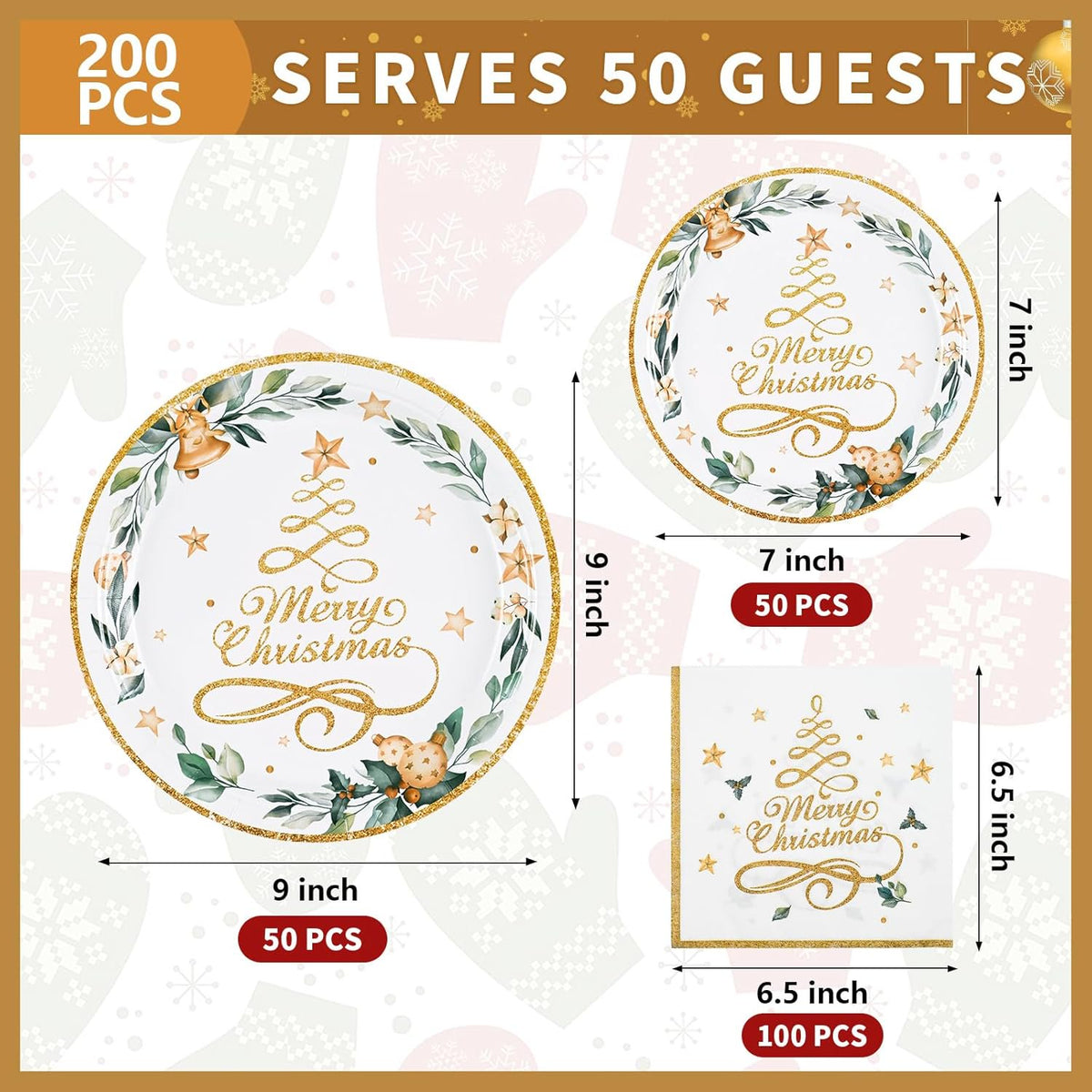 Waipfaru 200 PCS Christmas Paper Plates and Napkins Gold Christmas Tree Party Supplies Disposable Tableware Set for Dinner Party Decoration