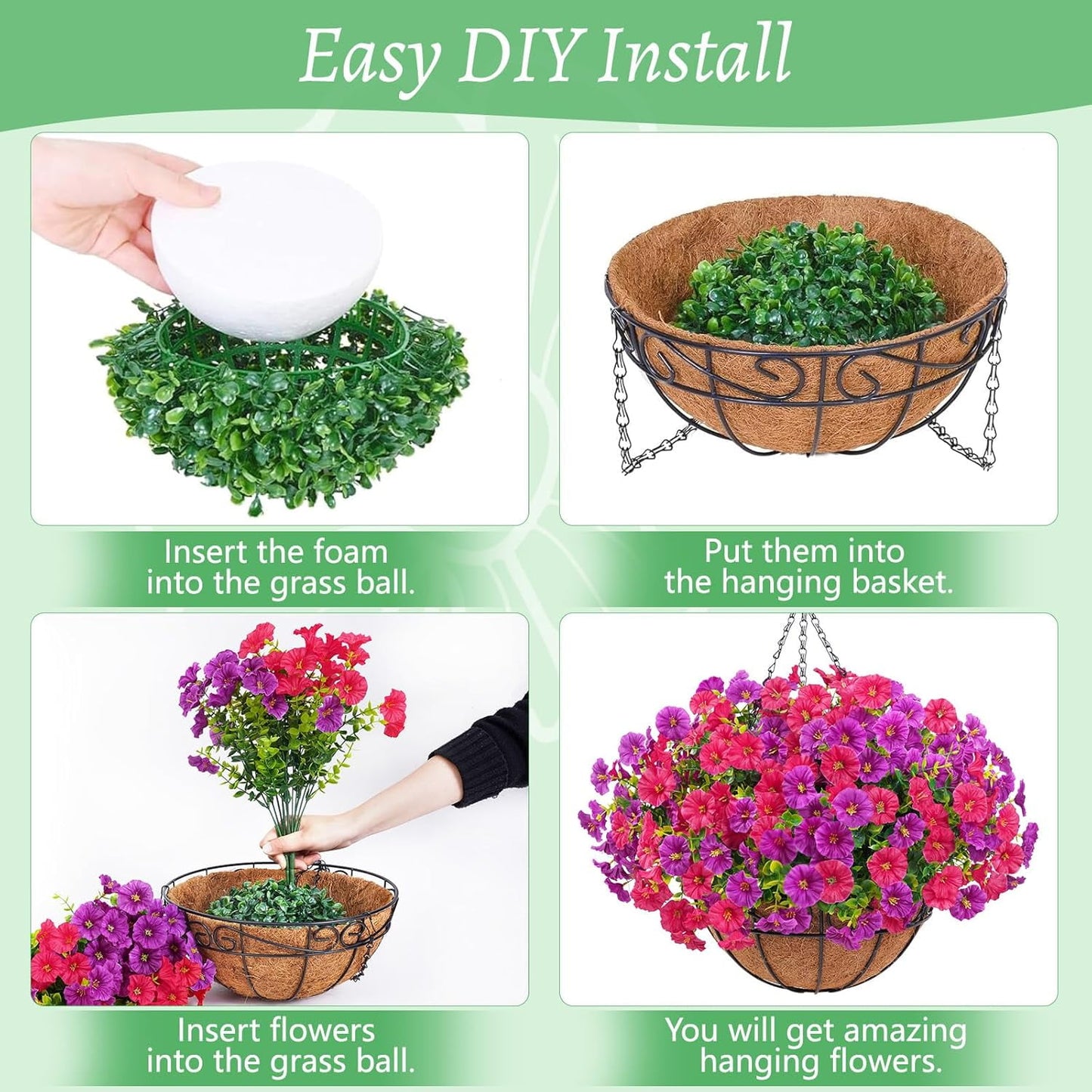 Waipfaru Artificial Hanging Flowers in Basket,2 Pcs Fake Hanging Plants for Outdoors Spring Summer Decoration,UV Resistant Petunias Flower for Garden Porch Patio Balcony Decor