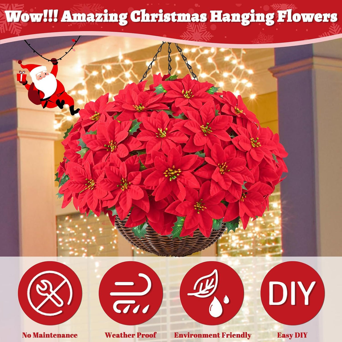 Waipfaru Artificial Poinsettia Christmas Hanging Basket, Fake Silk Red Poinsettia Flowers for Outdoor Indoor Front Porch Home Xmas Decor