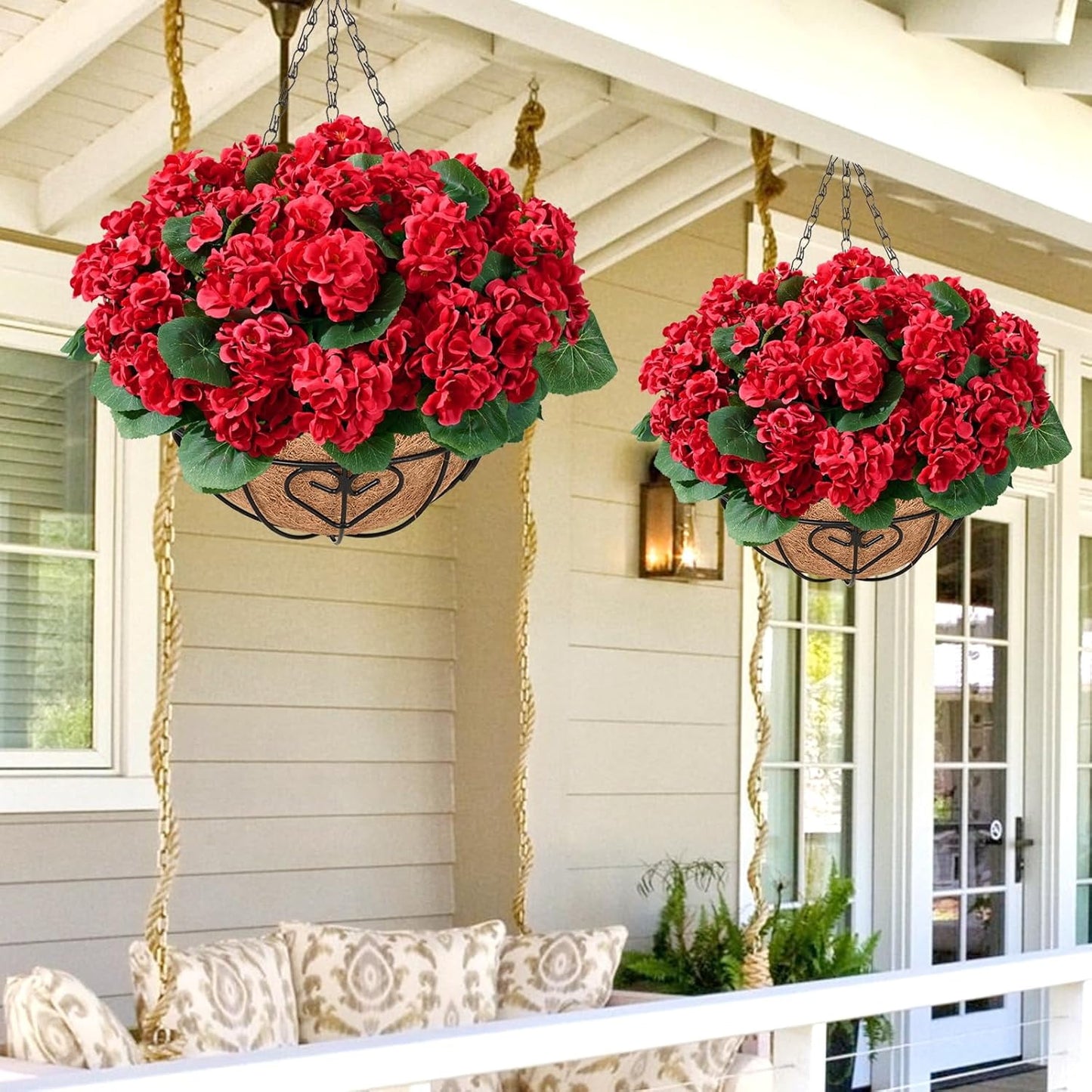Waipfaru 2 Pack Artificial Geraniums Hanging Basket,UV Resistant Faux Silk Flowers for Outdoors,Realistic Fake Hanging Plants for Home Garden Decor