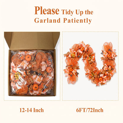 Waipfaru 6 ft Fall Garland for Mantel,Autumn Pumpkin Mesh Garland with Berries & Plaid Ribbons,Thanksgiving Mantel Decorations for Fireplace,Table Centerpiece Home Decor