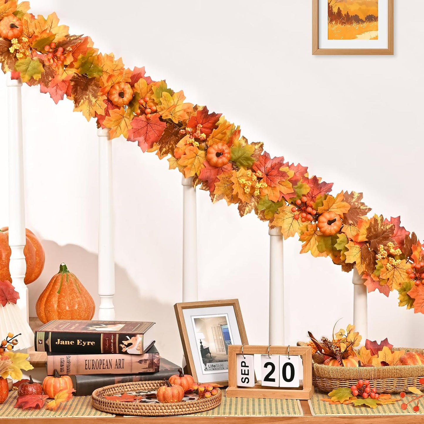 Waipfaru Lighted Fall Garland for Mantle, 6ft Battery Operated Thanksgiving Garland with Timer, Pumpkins,Berries,Autumn Decorations for Fireplace Home
