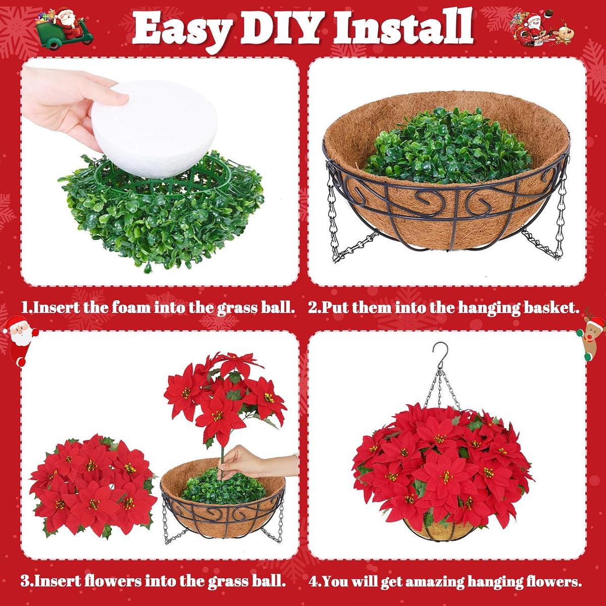 Waipfaru Artificial Poinsettia Christmas Hanging Basket, Fake Silk Red Poinsettia Flowers for Outdoor Indoor Front Porch Home Xmas Decor
