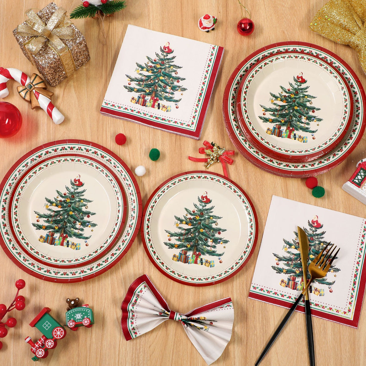 Waipfaru 200 PCS Christmas Tree Paper Plates and Napkins Christmas Party Supplies Disposable Dinnerware Set for Xmas Party