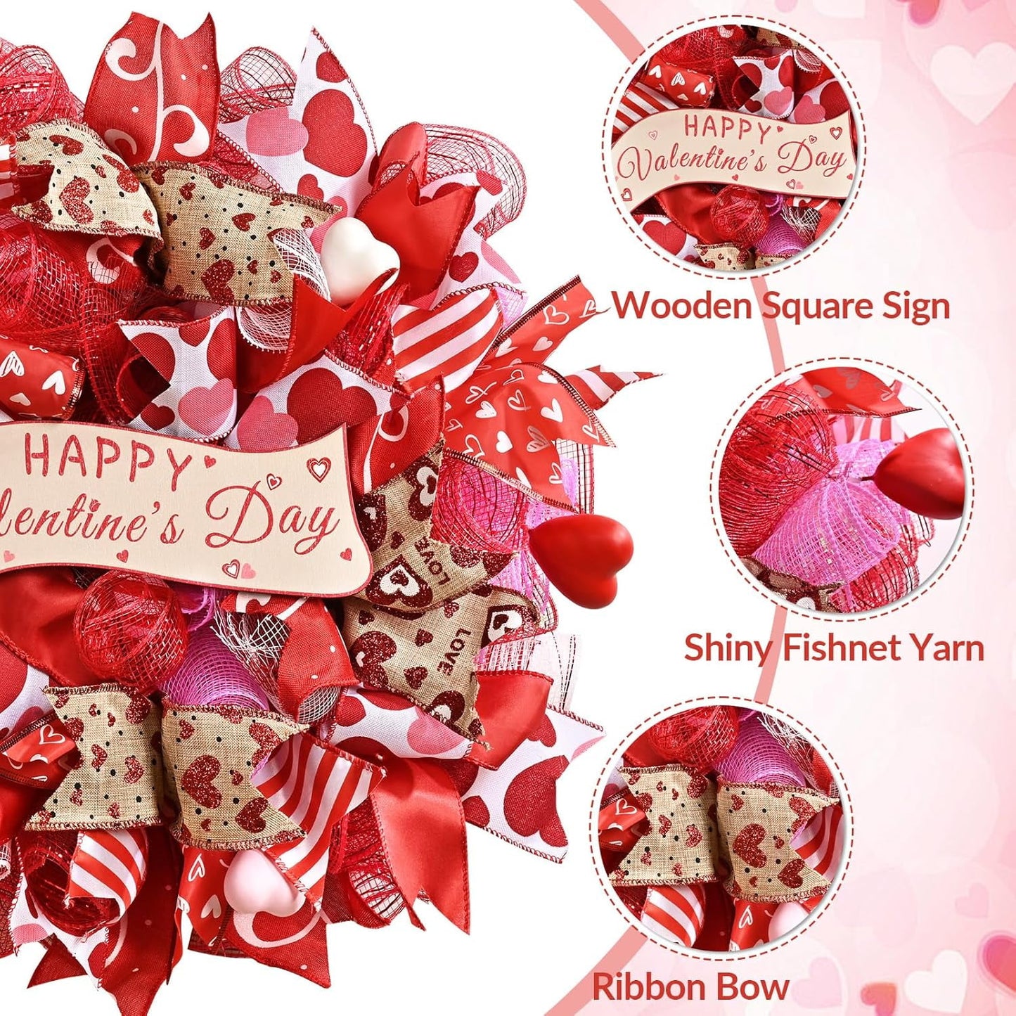 Waipfaru 18" Valentines Day Mesh Wreath for Front Door,Handmade Red & Pink Deco Mesh Wreath with Wooden Sign,Romantic Heart Ribbon Door Hanger for Valentine Decorations