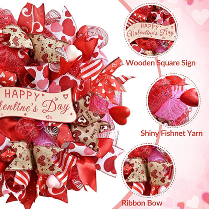 Waipfaru 18" Valentines Day Mesh Wreath for Front Door,Handmade Red & Pink Deco Mesh Wreath with Wooden Sign,Romantic Heart Ribbon Door Hanger for Valentine Decorations