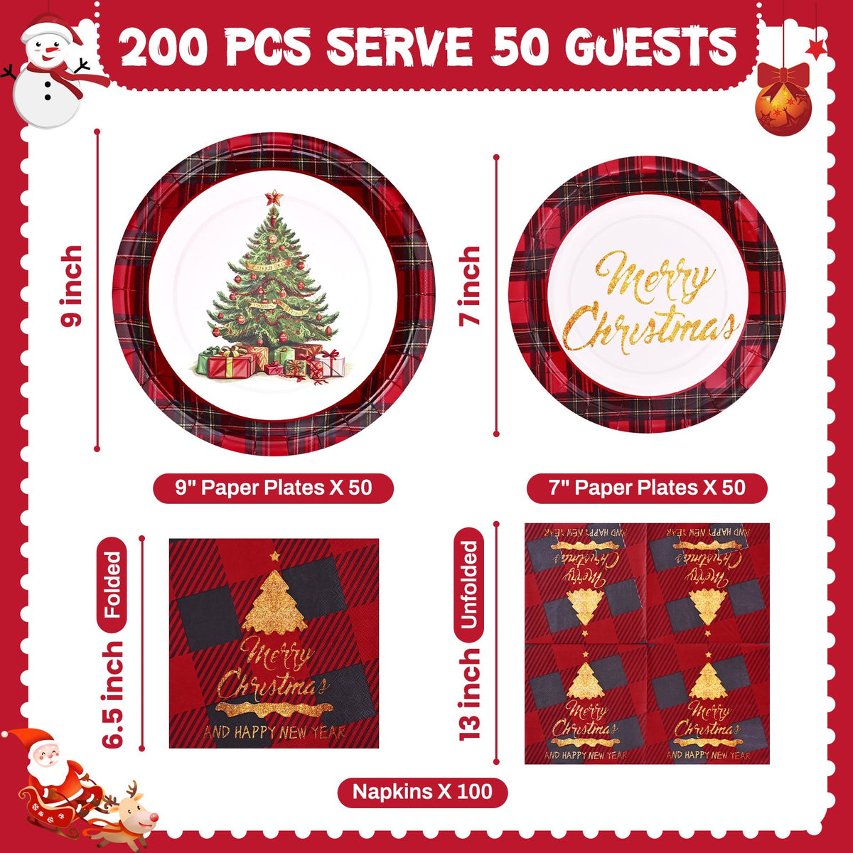 Waipfaru 200 Pcs Merry Christmas Dinnerware Set,Christmas Tree Paper Plates, Napkins & Party Supplies for 50 Guests