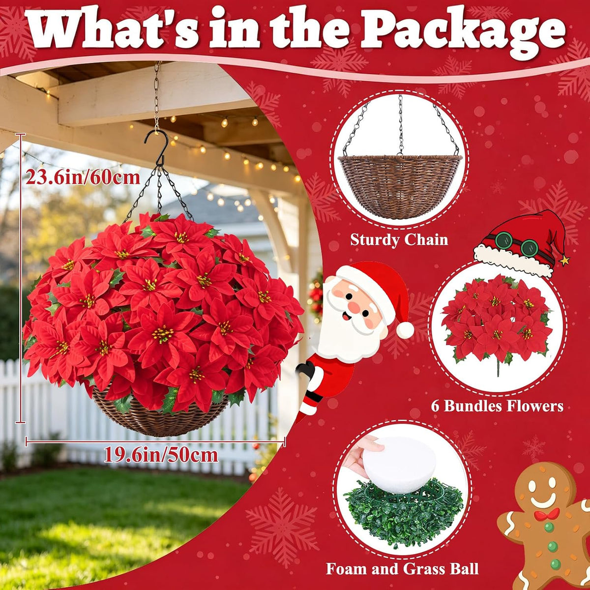 Waipfaru Artificial Poinsettia Christmas Hanging Basket, Fake Silk Red Poinsettia Flowers for Outdoor Indoor Front Porch Home Xmas Decor