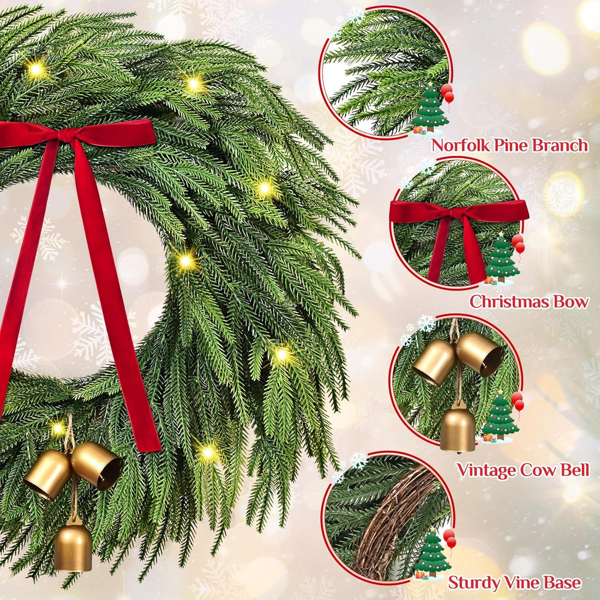 Waipfaru Christmas Wreath with Lights,24 inch Pre-lit Artificial Holiday Wreath with Bow & Bells, Battery Operated, Front Door Christmas Decorations Indoor Outdoor