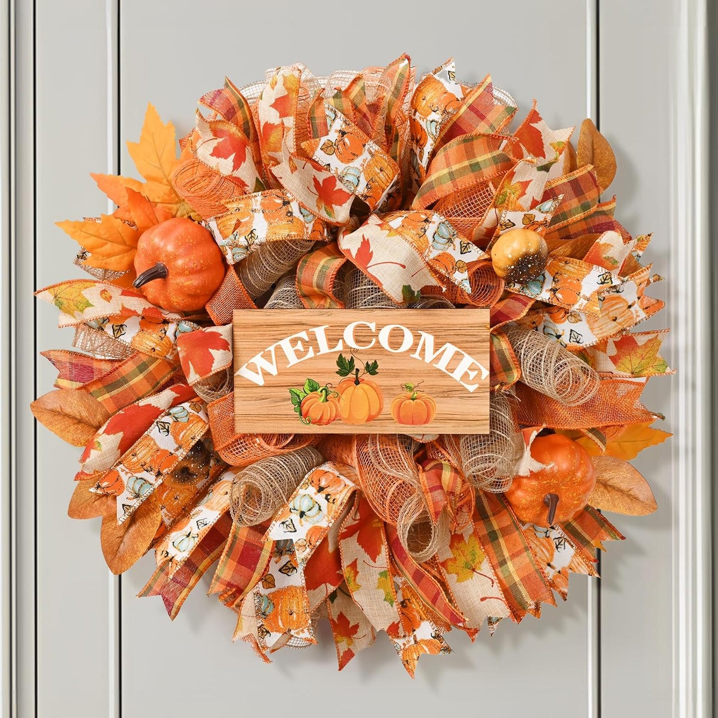 Waipfaru Fall Wreath for Front Door,20inch Autumn Mesh Wreath with Pumpkins, Ribbons,Welcome Sign,Rustic Farmhouse Decor for Thanksgiving Harvest