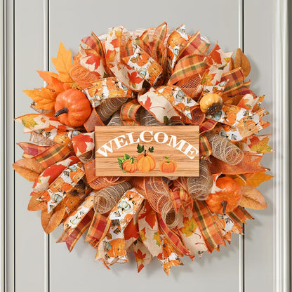 Waipfaru Fall Wreath for Front Door,20inch Autumn Mesh Wreath with Pumpkins, Ribbons,Welcome Sign,Rustic Farmhouse Decor for Thanksgiving Harvest