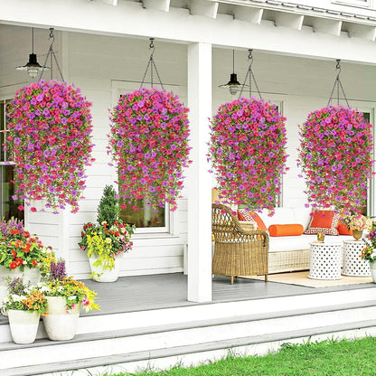 Waipfaru Artificial Hanging Flowers for Outdoors Spring Summer Decoration,2 Pcs UV Resistant Faux Silk Violet Fake Flowers for Garden Porch Window Home Decor(Purple&Rose Red)