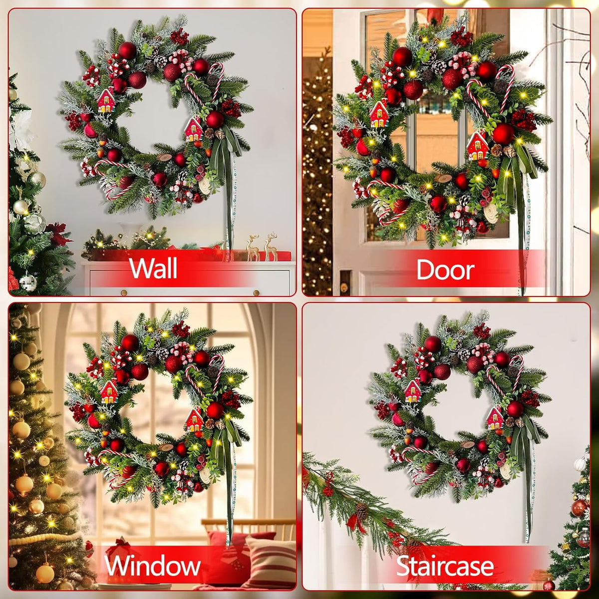 Waipfaru Artificial Christmas Wreaths with lights,20inch Christmas Door Wreath with Xmas Balls Berries Pinecones for Wall Fireplace Shop Window Decoration