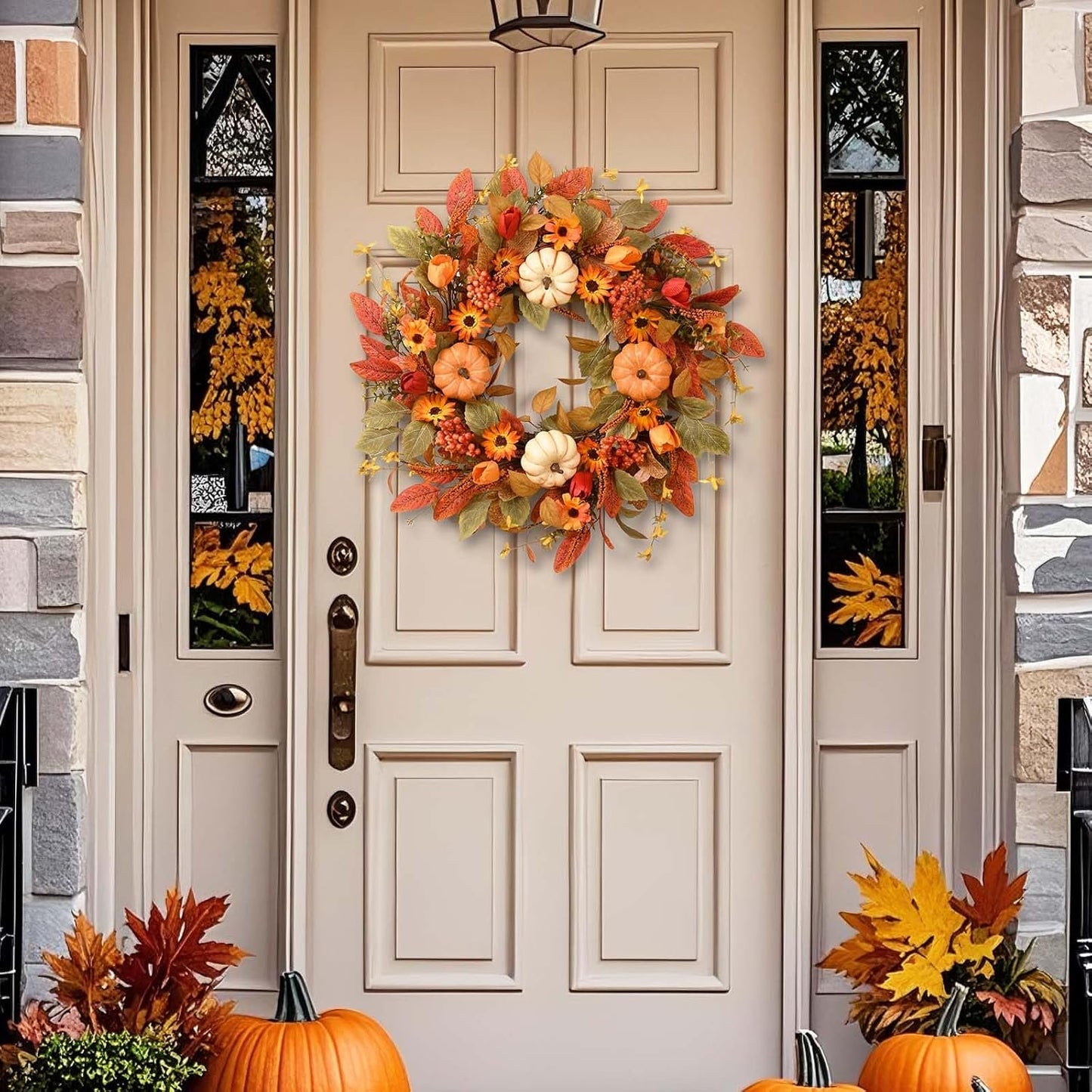Waipfaru Fall Wreath for Front Door,Large 22inch Autumn Pumpkin Wreath with White Pumpkins, Berries & Flowers,Farmhouse Harvest Decor for Thanksgiving