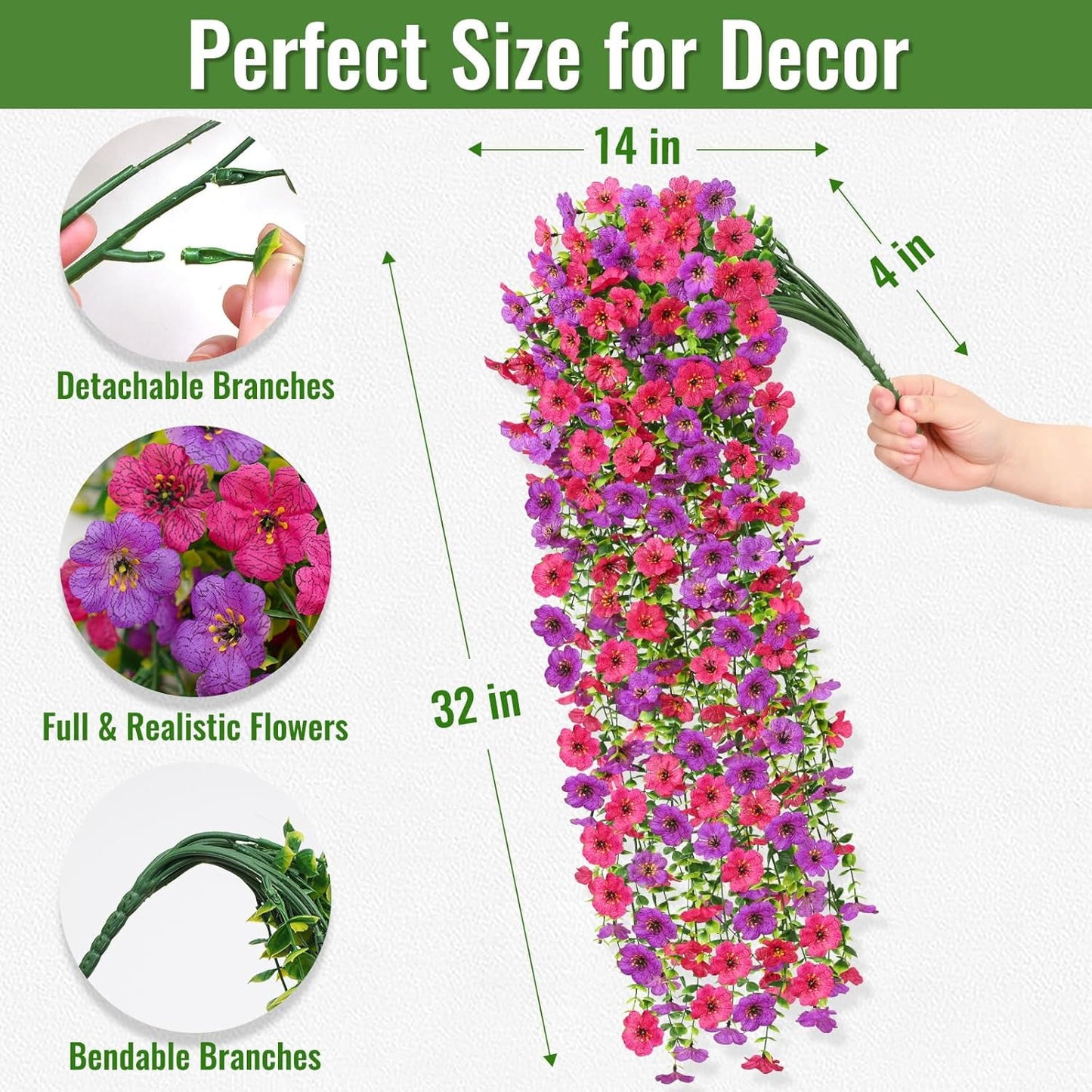 Waipfaru Artificial Hanging Flowers for Outdoors Spring Summer Decoration,2 Pcs UV Resistant Faux Silk Violet Fake Flowers for Garden Porch Window Home Decor(Purple&Rose Red)