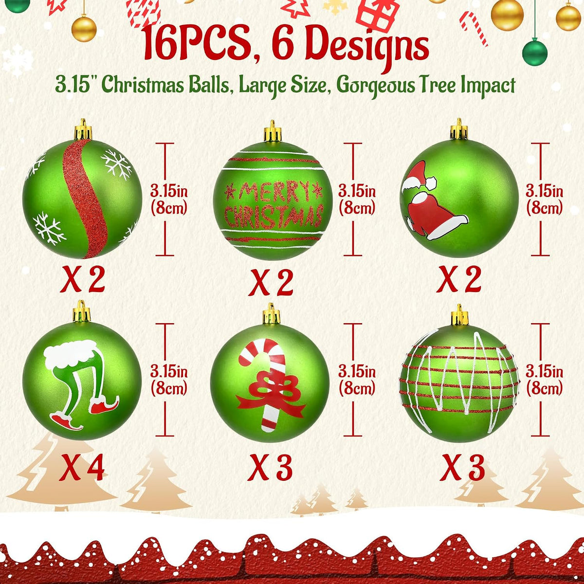 Waipfaru 16Pcs Christmas Ball Ornaments,3.15" Shatterproof Hanging Xmas Ornaments Set for Christmas Holiday Party Decoration