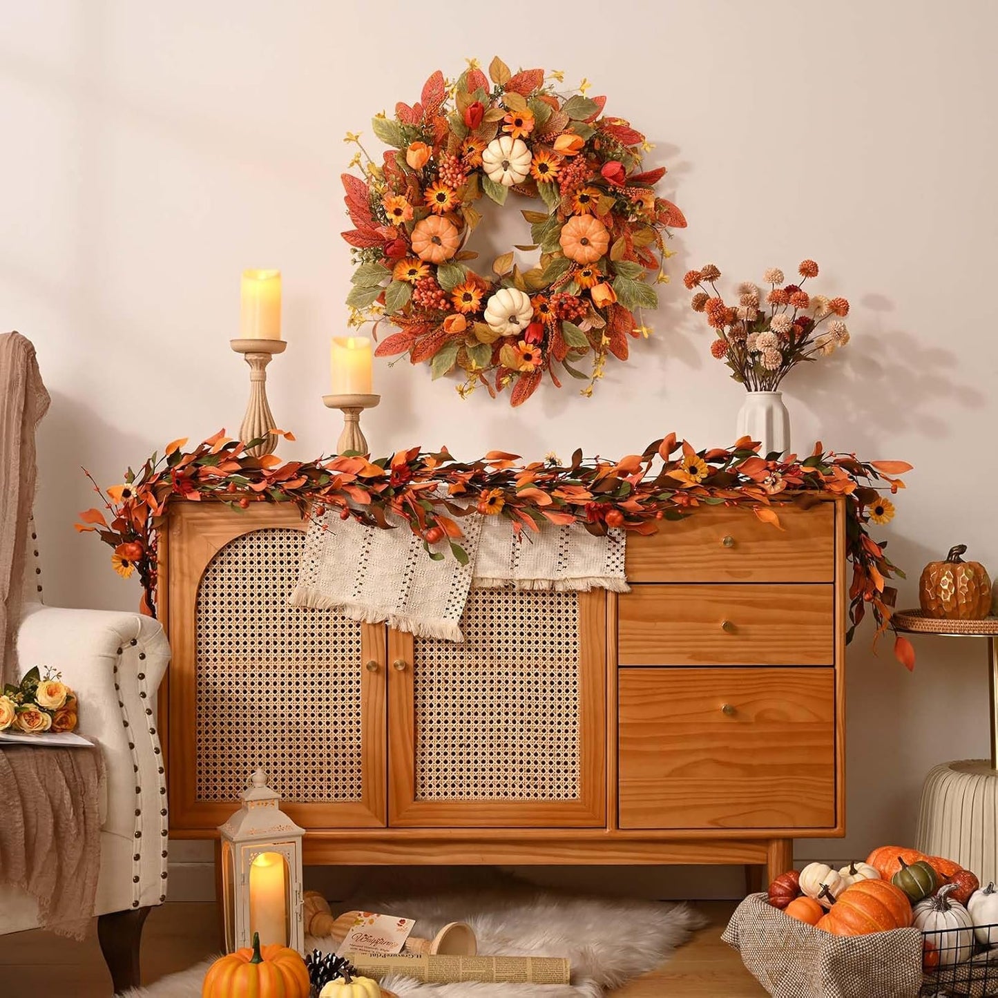 Waipfaru Fall Wreath for Front Door,Large 22inch Autumn Pumpkin Wreath with White Pumpkins, Berries & Flowers,Farmhouse Harvest Decor for Thanksgiving