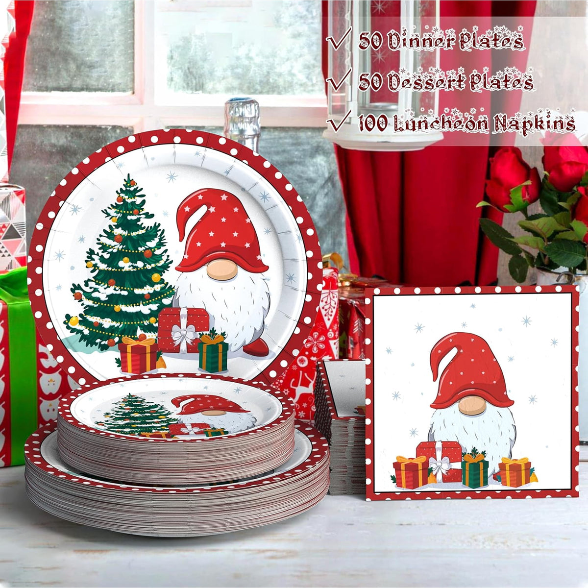 Waipfaru 200 PCS Christmas Paper Plates and Napkins Christmas Tree Gnome Party Supplies Red Disposable Dinnerware Set for Dinner Party Decoration