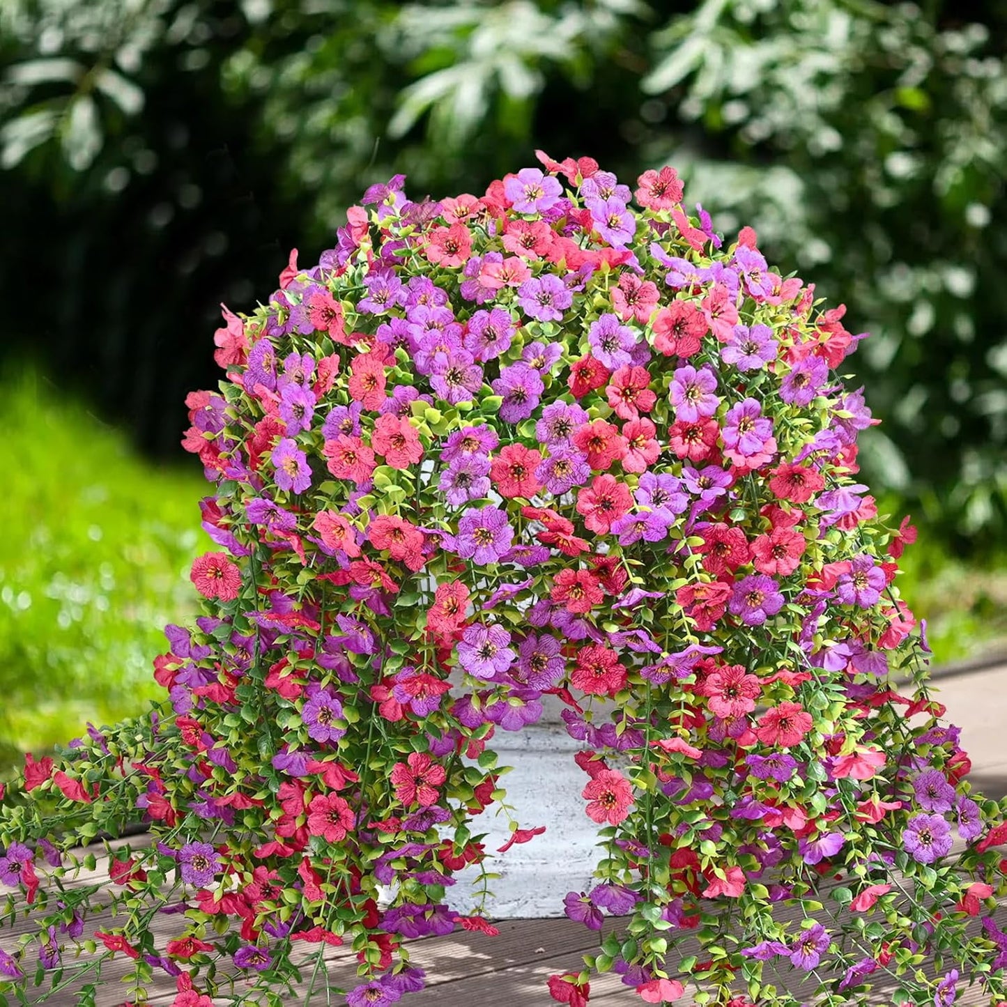 Waipfaru Artificial Hanging Flowers for Outdoors Spring Summer Decoration,2 Pcs UV Resistant Faux Silk Violet Fake Flowers for Garden Porch Window Home Decor(Purple&Rose Red)